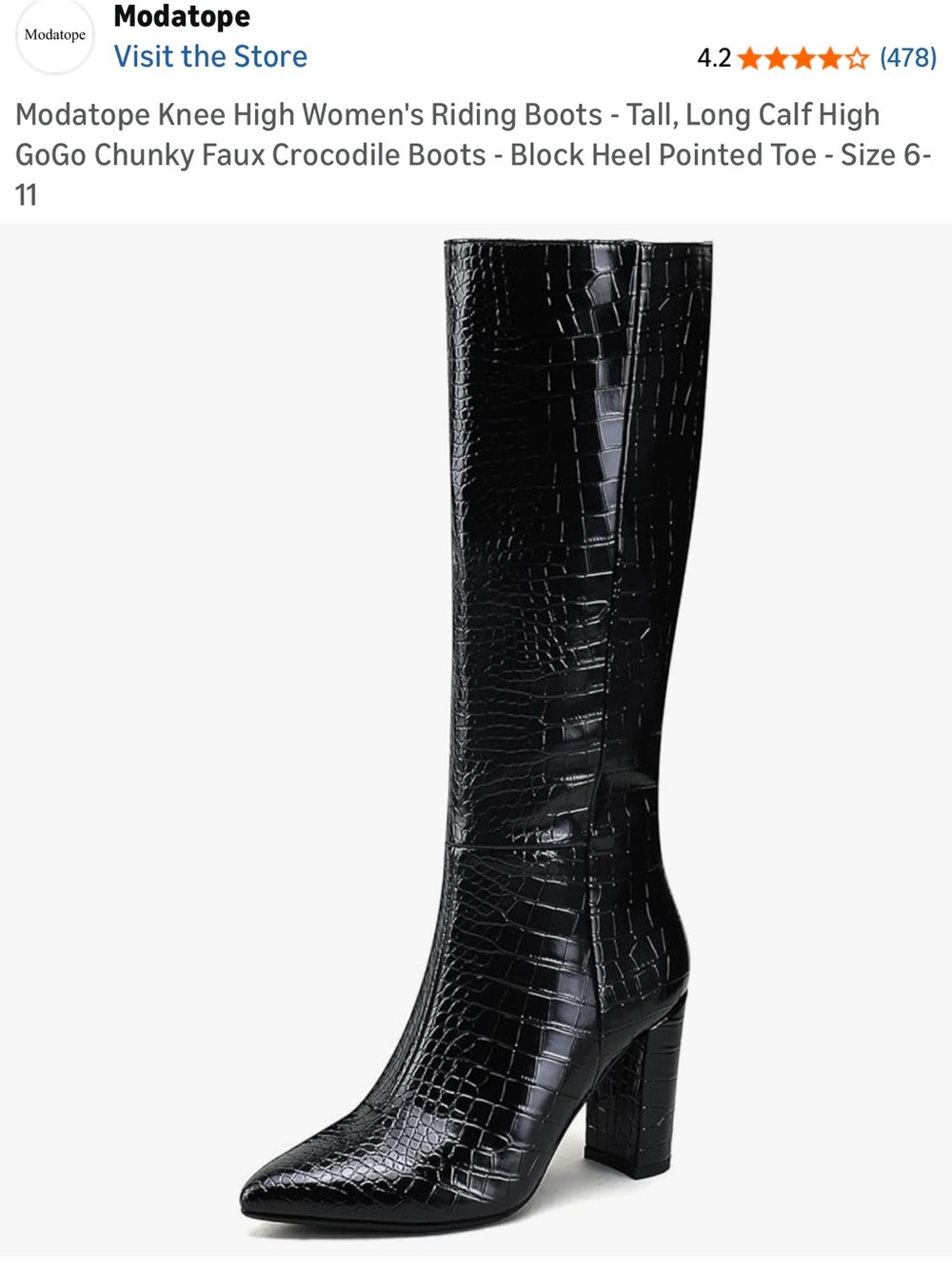 Modatope Black Faux Crocodile Knee-High Heeled Riding Boots
